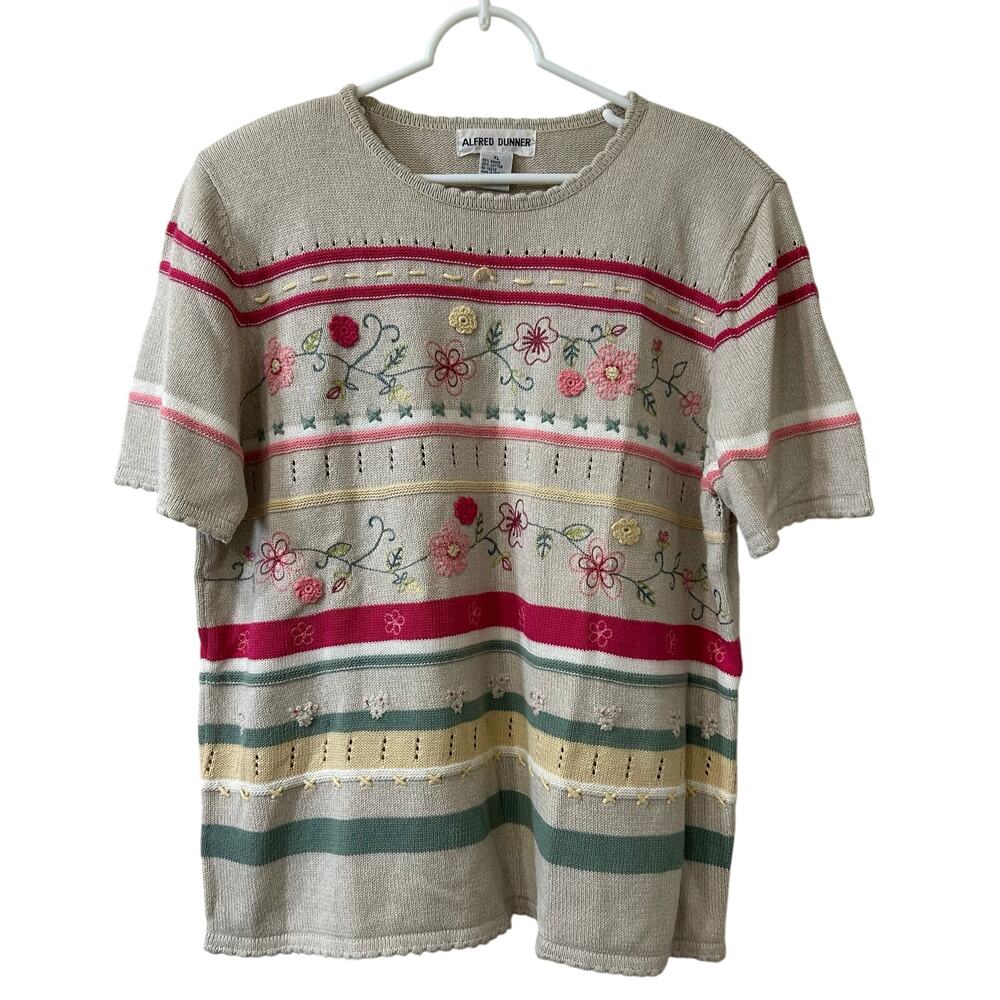 Alfred Dunner Womens Sz XL Tan Floral Embroidered Short Sleeve Sweater Cottage